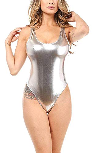 Women's Shiny Metallic Faux Leather Bodysuit Swimsuit Teddy Thong Lingerie Leotard-image-44