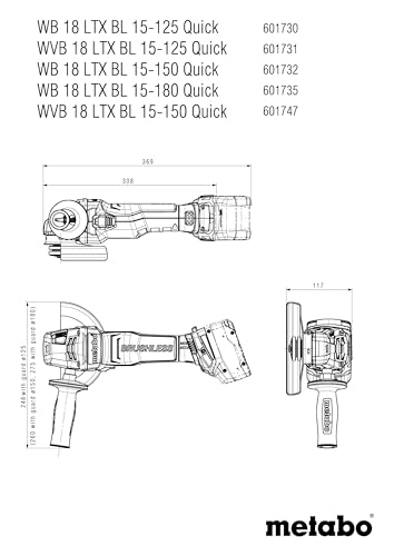 metabo Draadloze haakse slijper WVB 18 LTX BL 15-125 Quick - 18 V, 125 mm - borstelloze motor, snelspanmoer, toerentalregeling, remsysteem, zonder gereedschap verstelbare beschermkap - zonder accu en - Afbeelding 3