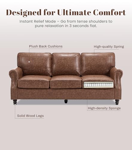 Image of Kingfun 3 Seater Sofa, Mid-Century Modern Faux Leather Couch Set for Living Room, Darkbrown with Rolled Arms & Nailhead Trim, Easy Assembly