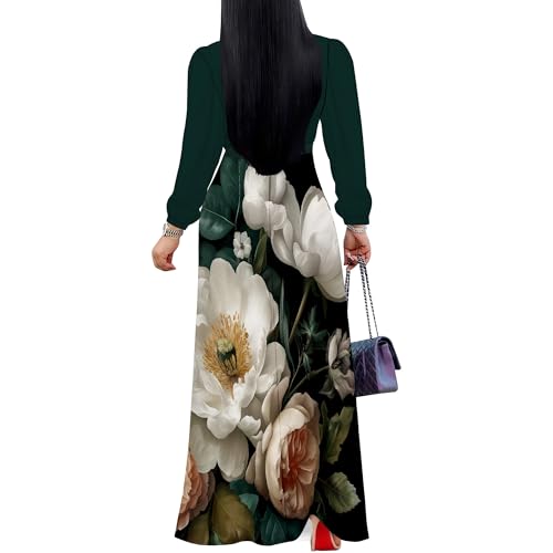 Image of Women's Plus Size Maxi Dresses Long Sleeves V Neck Floral Print Bohemian Swing Long Dress with Belt