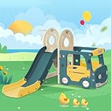 TUPOSTAR Scivolo per Bambini, Set di Scivoli 4 in 1 per Bambini, Include Autobus, Scivolo, Scala per attività, Canestro da Basket E Pallone da Basket Abbinato,A immagine