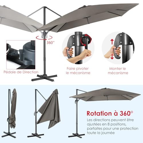Parasol déporté 3x3m rotatif 360° inclinable RELAX4LIFE