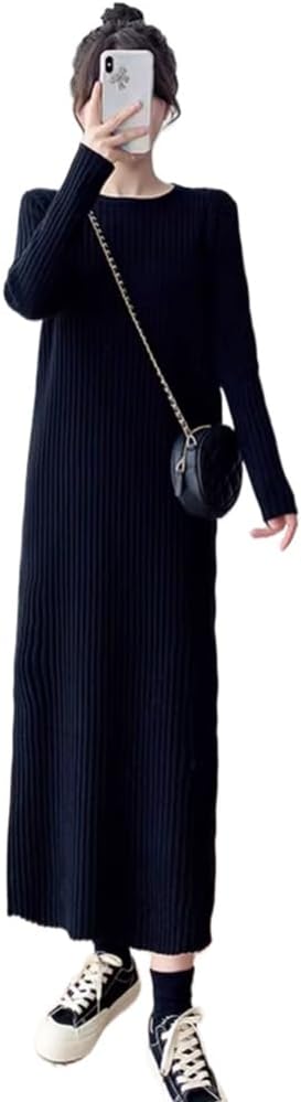 LIXINGHEITANG Size Women's Loose Slim Long Knitted Dress Autumn and Winter Shirt Sweater