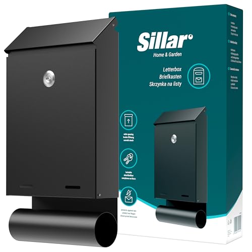 Sillar Boîte aux Lettres Murale avec Serrure | Fabriqué en Acier galvanisé, résistant aux intempéries et aux Rayons UV 32,3 × 18,5 × 5 cm, Noir | 2 clés | Tube pour journaux et dépliants