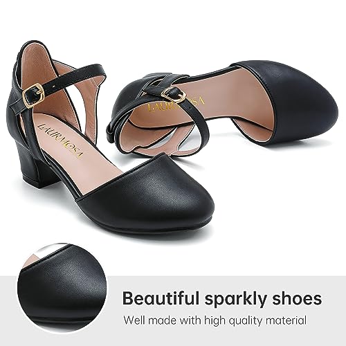 Image of LAURMOSA Girls Dress Shoes Closed Toe Pumps High Heels for Little Big Kid | Flower Shoes for Girls, 1.75-inch Chunky Heel, Ankle Strap, Closed Toe, Wedding, Party, Church, Graduation, First Communion