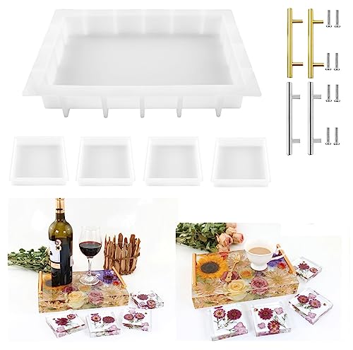 Resin Tray Molds Silicone, 13.5\" Large Rectangle Deep Tray Resin Mold and 4 Piece Square Deep Coaster Molds, Silicone Tray Board Table Resin Mold & Handles, Floral Preservation Bouquet Resin Mold