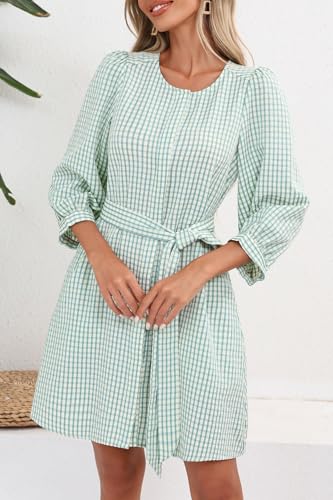 Image of Ladyful Gingham Shirt Dress for Women Summer Crewneck 3 /4 Sleeve Button Down Dress Tie Waist Plaid Short Dresses