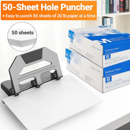 Image of AFMAT Heavy Duty 3 Hole Puncher, 50-Sheet Paper Punch Heavy Duty, 50% Reduced Effort Three Hole Punch, 10K+ Uses, Metal Hole Puncher 3 Ring w /Large Tray, Bulit-in S.S. Paper Guide HPX4(Gray)