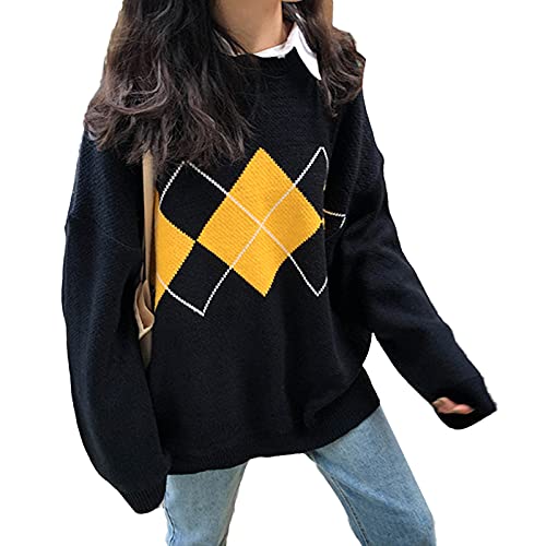 Unauty Women Argyle Knitted Oversized Sweater Pullover Casual Long Sleeve Round Neck E-Girls Preppy Style 90S Knitwear Top (Black, One Size) #TOP4