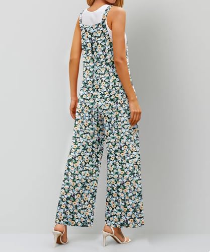 NILOUFO Women Summer Wide Leg Bib Overalls - Casual Loose Jumpsuits Baggy Rompers with Pockets Adjustable Strap(Black Green Flo, Large) — view 3