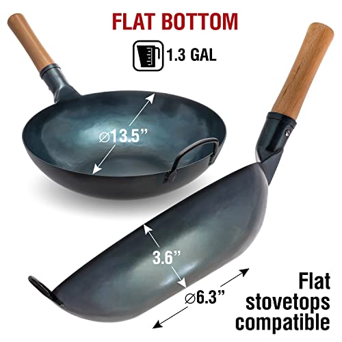 Yosukata Flat Bottom Wok Pan - 13.5" Blue Carbon Steel Wok - Preseasoned Carbon Steel Skillet - Traditional Japanese Cookware - Carbon Steel Pan For Electric Induction Cooktops Woks And Stir Fry Pans #TOP1