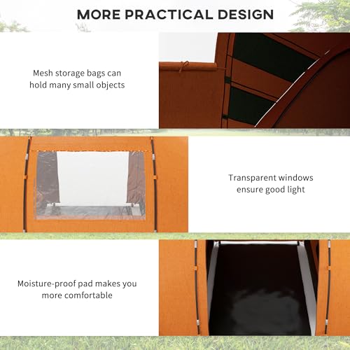 Outsunny 4-6 Man Camping Tent with Living Area and 2 Bedrooms, Hiking Sun Shelter, UV Protection Tunnel Tent, Orange - Image 6