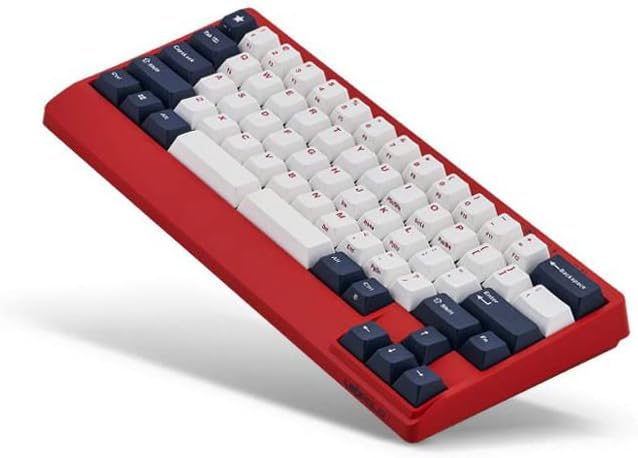 Angled view of the Leopold FC650MDS mechanical keyboard, showing the profile of the keycaps and the red case.