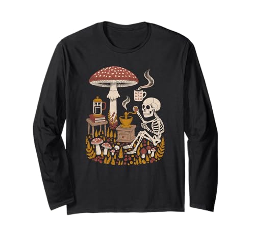 Spooky Skeleton Drinking Morning Coffee in a Dark Forest Long Sleeve T-Shirt