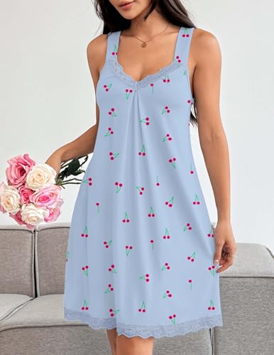 Ekouaer 2er Damen Nachthemden Ärmellos Chemise Nachtwäsche Sexy Full Slips Spitze Negligee V-Ausschnitt Sleepshirt Jersey Dessous Blau+Weiß Kirschen XL