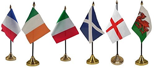 Image of 6 x Six 6 Nations Rugby England Scotland Ireland Wales Ireland Italy 4" x 6" Desktop Table Flags With Gold Bases Ideal For Sport Clubs Pubs Schools Office