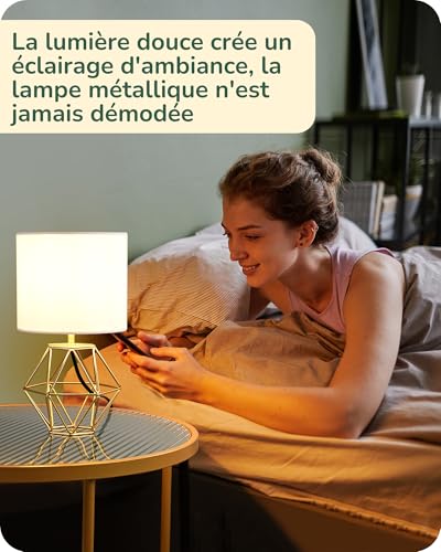 Lampe de Chevet Lin Blanc-Doré + Ampoule E14 EDISHINE
