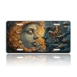 Moon and Sun Front License Plate for Women Sun Moon and Stars Car Plates Decorative Aluminum Metal Cute Novelty License Plate Cover for Men 6x12 Inch (4 Holes)