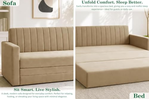 Image of Modern Three Seater Sofa Cum Bed with Armrest, Velvet Fabric Sofa for Living Room, Space Saving Foldable Sleeper Sofa, (Golden Color)
