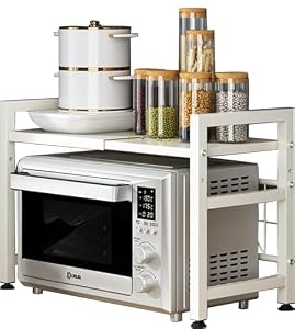 PKOUVOO レンジ上ラック トースターラック レンジラック 伸縮式 幅(36~65cm) 棚板高さ調節可 耐荷重50kg シンク上キッチン収納ラック フック6個付き (白, 46x36x42)