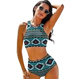 Women High Waist Bikini Blue Aztec Print Two Piece Bikini Swimsuits M