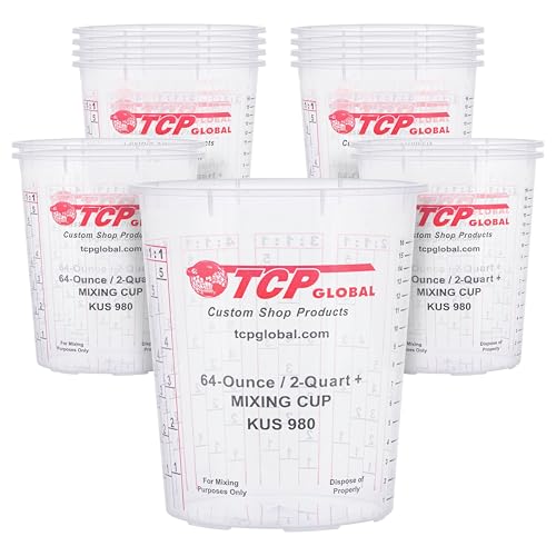 Custom Shop Paint Mixing Cups, 64-Ounce (12 Pack) - Plastic Measuring Cups for Liquids, Automotive Painting, Epoxy Resin, Acrylic Arts, Crafts, Disposable or Reusable, Graduated, Mixing Ratios