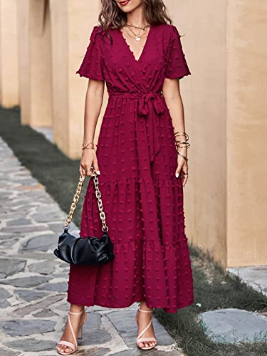 Mascomoda Womens Boho Swiss Dot Maxi Dresses Wrap V Neck Flutter Short Sleeve Solid Tie Belt A Line Tiered Flowy Long Dresses(Wine Red, Large) #TOP7