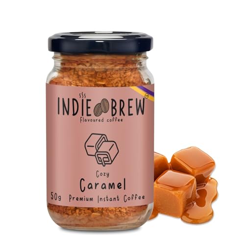 Indie Brew Caramel Instant coffee powder, Arabica coffee, Freeze dried flavoured coffee, No Added Sugar, Low Calorie, Stay energetic throughout the day | 50g | Makes 25 bold cups