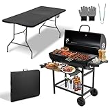 Barbecue XXL con termometro e girarrosto:Goditi un'ampia superficie di cottura di 70 x 35 cm (2 griglie) e un griglia barbecue per arrostire pollame e carni. Questo barbecue a legna offre un sapore autentico, mentre il termometro integrato permette di monitorare la cottura senza aprire il coperchio. I 4 prese d'aria regolabili offrono un controllo preciso della temperatura per grigliate perfette. A differenza di un barbecue elettrico da esterno, qui si sprigiona tutto l'aroma della cottura tradizionale.