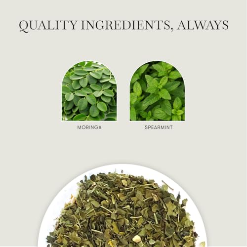 Image of Luxmi Estates Moringa Mint Tea, Loose Leaf, 50g (1.76oz, ~25 Cups), Moringa Oleifera Leaf with Spearmint - Caffeine-Free Herbal Superfood Infusion, Vegan & Non-GMO