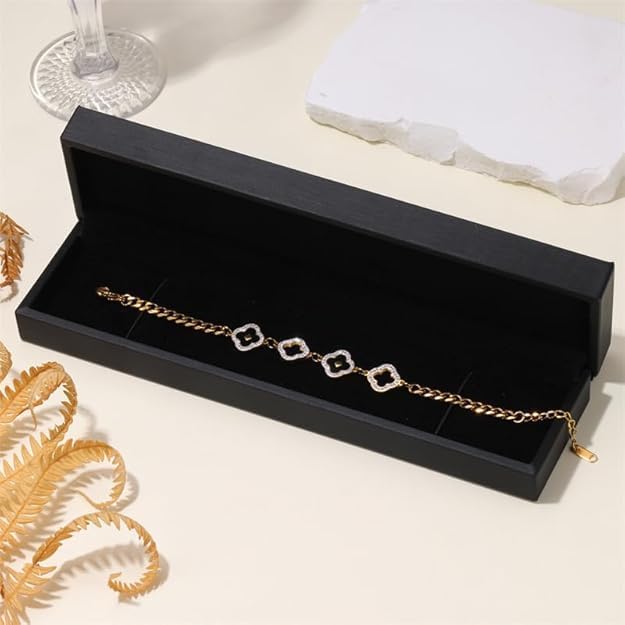 Four Leaf Clover Bracelets for Women, 18K Gold Plated Clover Jewelry Set-Tone with Green Enamel Clover Charms, Crystal Accents, Elegant Gift for Women Packed in a Packaging Box (Black) - Image 3