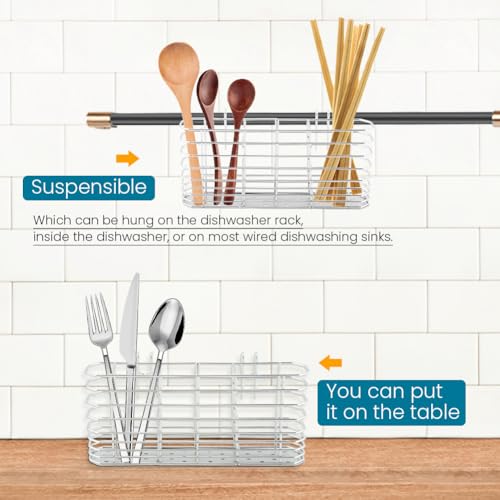 Image of Utensil Drying Rack, 304 Stainless Steel Utensil Organizer Holder No Drilling Kitchen Drainage Basket with 3 Divided Compartments, 7.87x3.54x1.57inch(COLOR:Silver)
