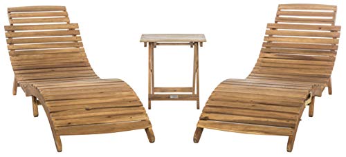 Safavieh-Outdoor Collection Pacifica Natural/ Grey Stripe Cushion 3-Piece Chaise Lounge Set With Table #TOP5
