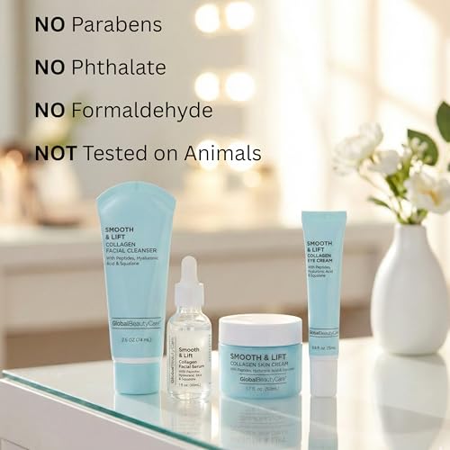 Global Beauty Care Smooth & Lift Collagen Skin Care Set - Hydrating & Firming Facial Cleanser, Serum, Eye Cream & Face Cream with Peptides & Hyaluronic Acid, Complete Face Care Routine, 4-Piece Set