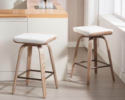 Image of HNY 26 inch Swivel Bar Stools Set of 2, Backless Counter Height Bar Stools with Removable Linen Cushion, 360 Swivel Wooden Saddle Stools with Footrest for Kitchen Island, Home Bar & Small Spaces