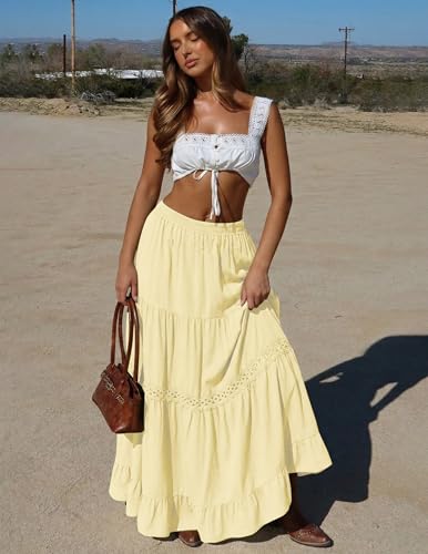 Zelroxa Womens Long Maxi Cotton Summer Boho Tiered A Line Skirts Yellow - image 6