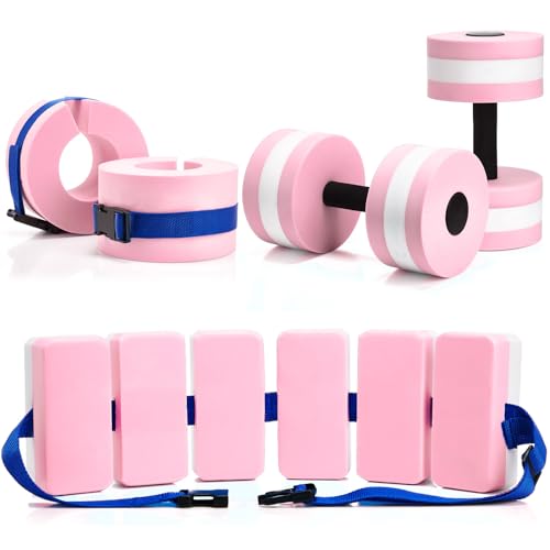 Motionchic 5 Pcs Aquatic Exercise Set Including 2 Ankle Swimming Weights 2 Lightweight Aquatic Exercise Dumbbells and Swim Belt Pool Exercise Equipment for Aquatic Aerobics Exercise (Pink)