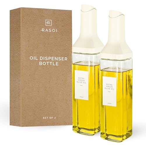 RASOI Oil Dispenser Bottle – Set of 2 17oz/500ml Oil and Vinegar Dispenser - Drip-Free Spout Glass Oil Dispenser – Kitchen Oil Dispenser with Automatic Pouring Lid - Olive Oil Bottle for Cooking