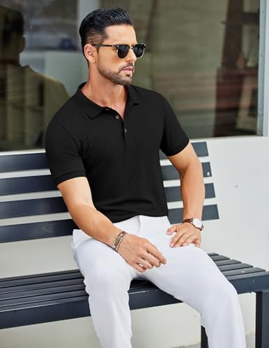 COOFANDY Men's Textured Polo Shirts Short Sleeve Slim Fit Casual Button Polo T-Shirt Summer Collared Golf Shirt4