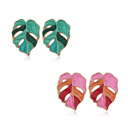2 Pairs African Natural Monstera Leaves Stud Earrings Set Enamel Tropical Plant Palm Leaf Drop Dangle Earrings For Women Girls Beach Ethnic Summer Boho Jewelry-1 #TOP28