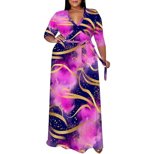 Image of SUZONANA Plus Size Maxi Dresses for Curvy Women African Church Formal Sundress Long Wrap Dressy Outfits with Belt Wedding Guest