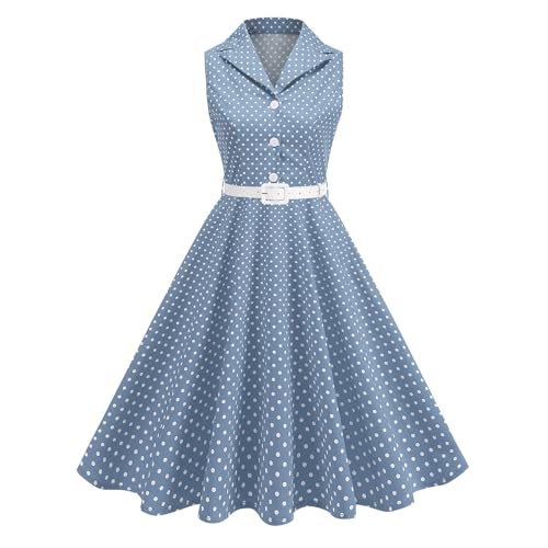 EFOGEP Damen Vintage 1950s Rockabilly Swing Kleid Elegant Polka Dot Revers Cocktail Audrey Hepburn Style Formal Prom Tea Party Midi Kleider mit Gürtel Hellblau L EFOGEP Damen Vintage 1950s Rockabilly Swing Kleid Elegant Polka Dot Revers Cocktail Audrey Hepburn Style Formal Prom Tea Party Midi Kleider mit Gürtel Hellblau L