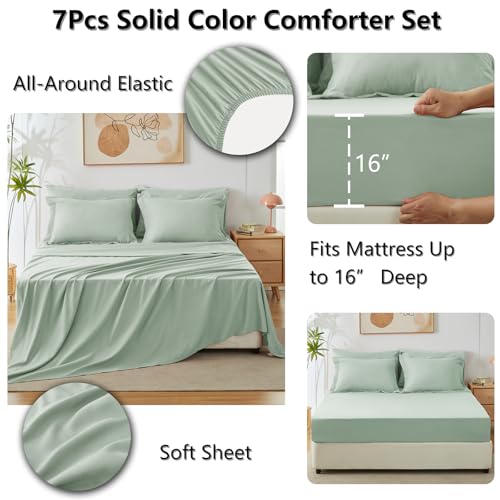 CozyLux Full Comforter Set Sage Green, 7 Pieces Bed in a Bag, Bedding Comforter Set with Sheets, All Season Boho 7PC Bed Sets with Comforter, Fitted Sheets, Flat Sheets, Pillow Shams and Pillowcases