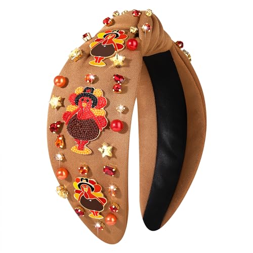 NVENF Thanksgiving Headband for Women Beaded Turkey Fall Headband Accessories Jeweled Pearl Rhinestone Knotted Hairband Autumn Fall Thanksgiving Hair Accessory Outfits Holiday Gifts (Turkey 5)