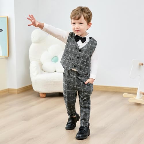 Image of YUEMION Toddler Baby Boy Clothes Suits Gentleman Dress Shirt+Bowtie+Vest+Suspender Pants Boy Formal Wedding Outfits Set 1-5T