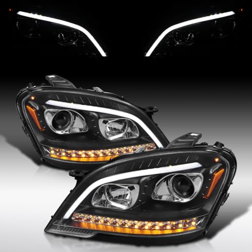 Autozensation Compatible with 2009-2011 Mercedes Benz W164 ML320, Left + Right Pair Headlamp Assembly, Matte Black Projector Headlights with LED Sequential Turn Signals