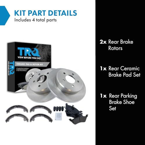 Image of TRQ Rear Brake Pad and Rotor Set Ceramic Parking Brake Shoe Compatible with 2001-2007 Chrysler Town & Country Dodge Grand Caravan Caravan