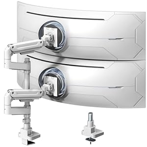 PUTORSEN Monitorhouder 2 monitoren voor 17 tot 49 inch schermen tot 20 kg per arm, extra lange tafelhouder, in hoogte verstelbaar, draaibaar voor optimale ergonomie, VESA 75/100 mm
