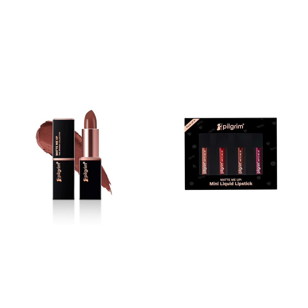 Pilgrim Matte Bullet Lipstick Intense Colour Transferproof & Smudgeproof Mocha Bliss-04 & Matte Mini Liquid Lipstick 4 in 1 Pack Smudgeproof, Hydrating & Lightweight (Always on Top, 4 ml)-image-14