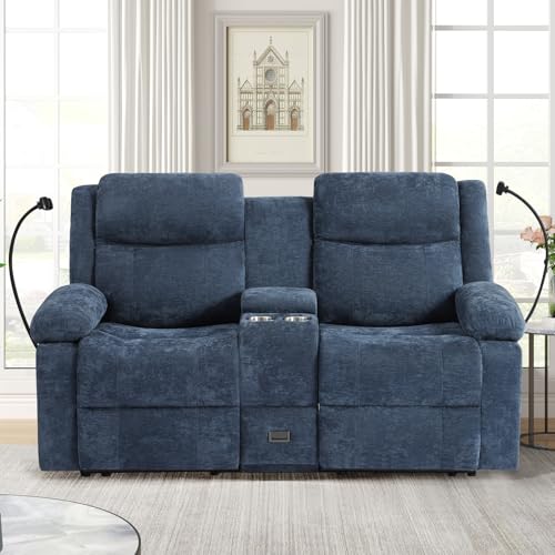 RIHEREFY Loveseat Recliner Sofa, Reclining Loveseat with Console, RV Wall Hugger Double Loveseat Recliner Couch for Living Room & Home Theater (Blue)